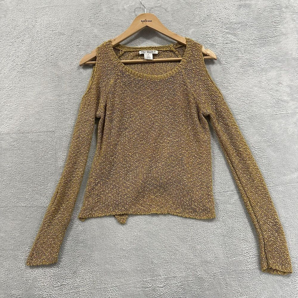 Say What ? Pullover Sweater Women Small Mustard Knit Cold Shoulder